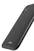 Magnetic adsorption phone case with tempered glass back for iPhone, shown in black, red and transparent finishes