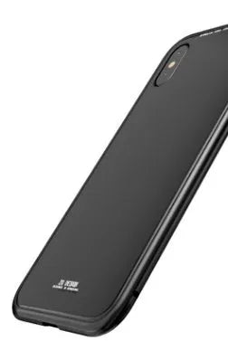 Magnetic adsorption phone case with tempered glass back for iPhone, shown in black, red and transparent finishes