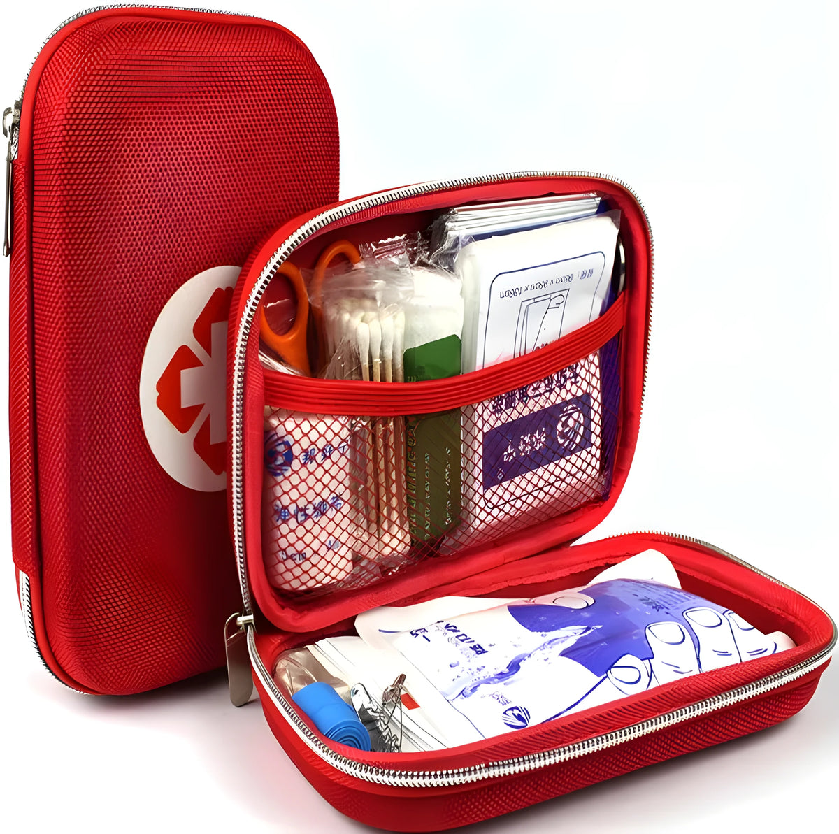 Red square plastic emergency survival medical kit box 21x13x6cm with 18 first aid pieces including scissors, bandage, plasters, and flashlight