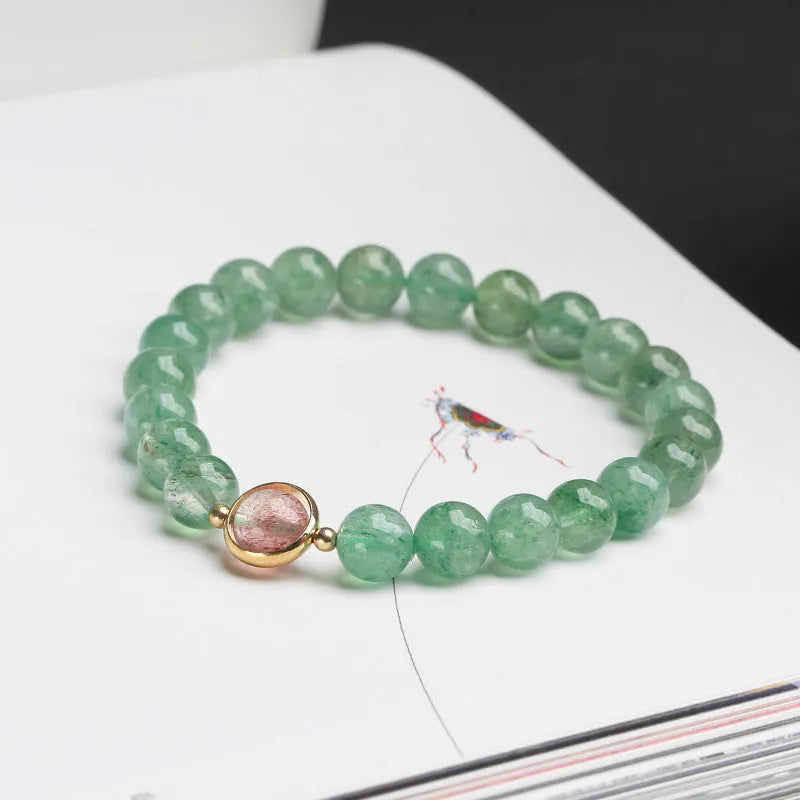 Green strawberry quartz single circle ball bracelet with 7.5mm beads and geometric Chinese style design