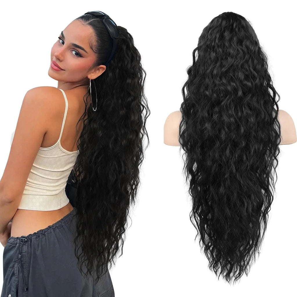 Long 30-inch curly ponytail wig in high temperature fibre for costume and cosplay.