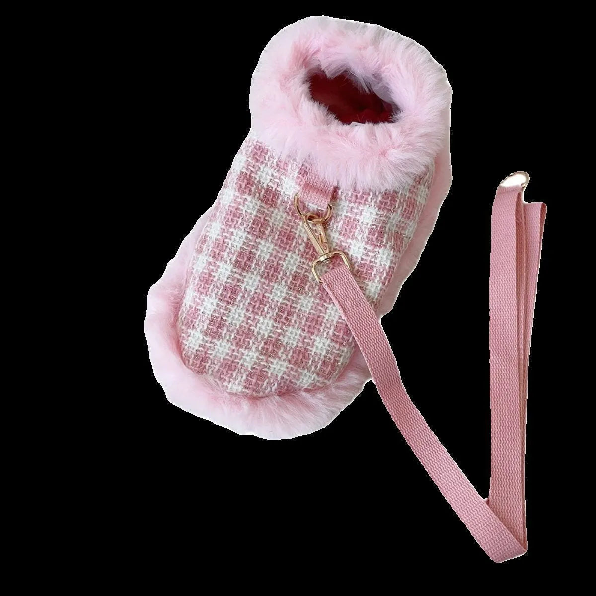 Cat wearing pink polyester cloak costume with beret and hand-holding rope