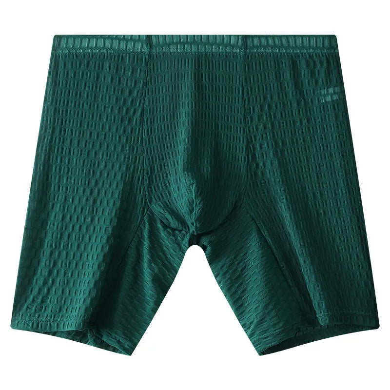 Men's white lace boxer shorts with a lengthened leg and mid-waist design on a plain background.