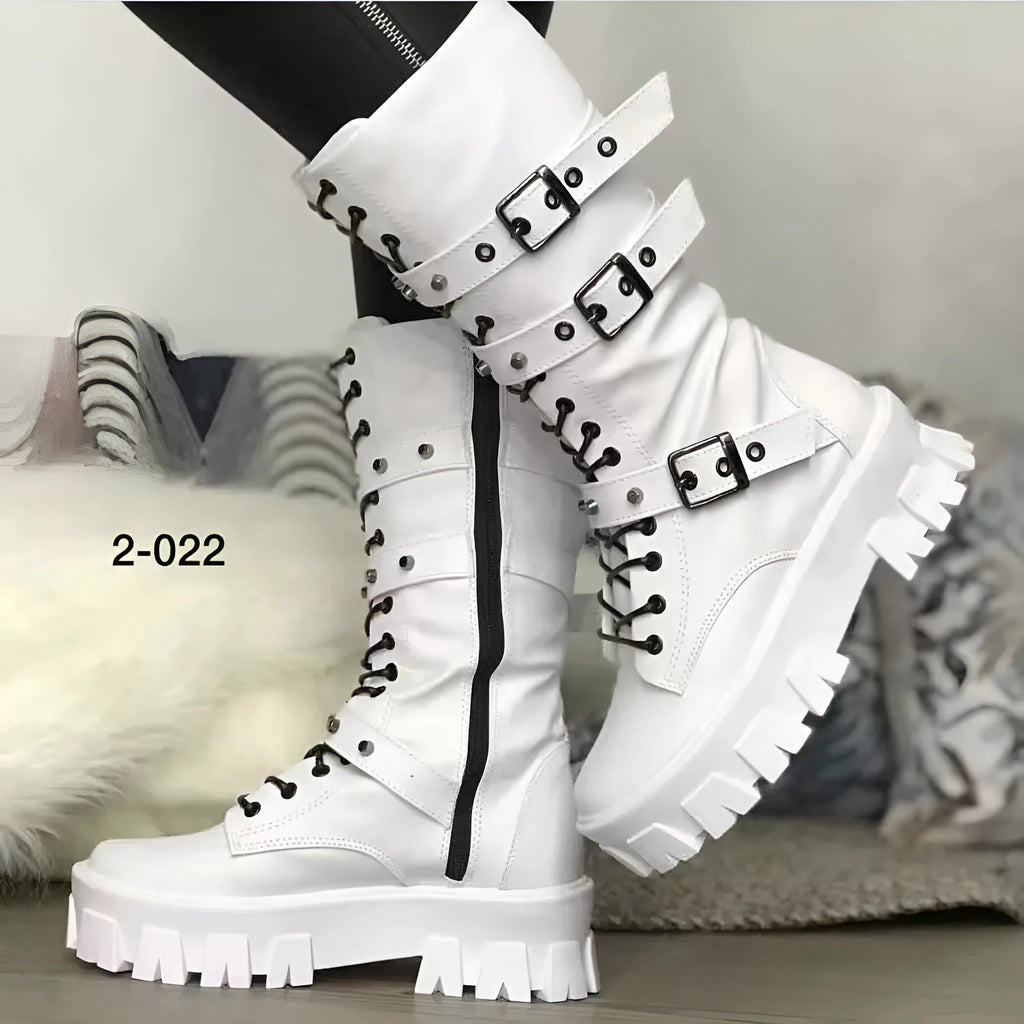 Women's black mid-calf buckle knight boots with side zipper on a white background.