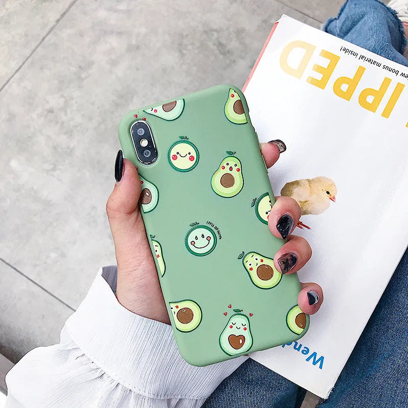 A flexible TPU phone case with a colourful painted cartoon avocado design on the back.