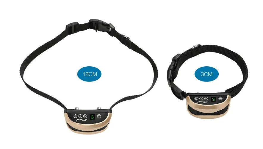 Black dog bark training collar with digital display, adjustable strap, and micro-USB charger.