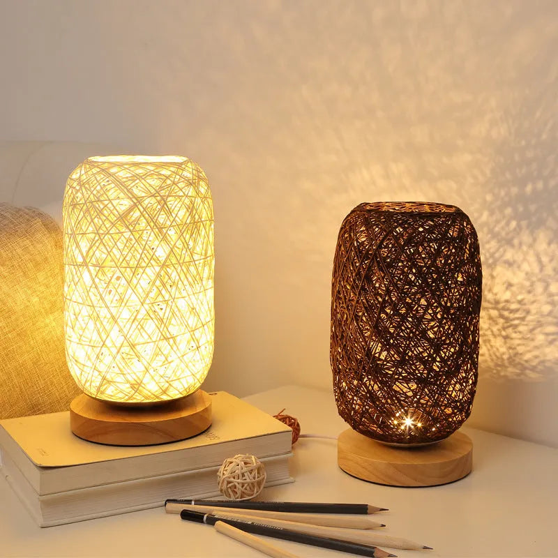 Woven hemp rope Sepak Takraw desk lamp with solid wood base and LED lighting