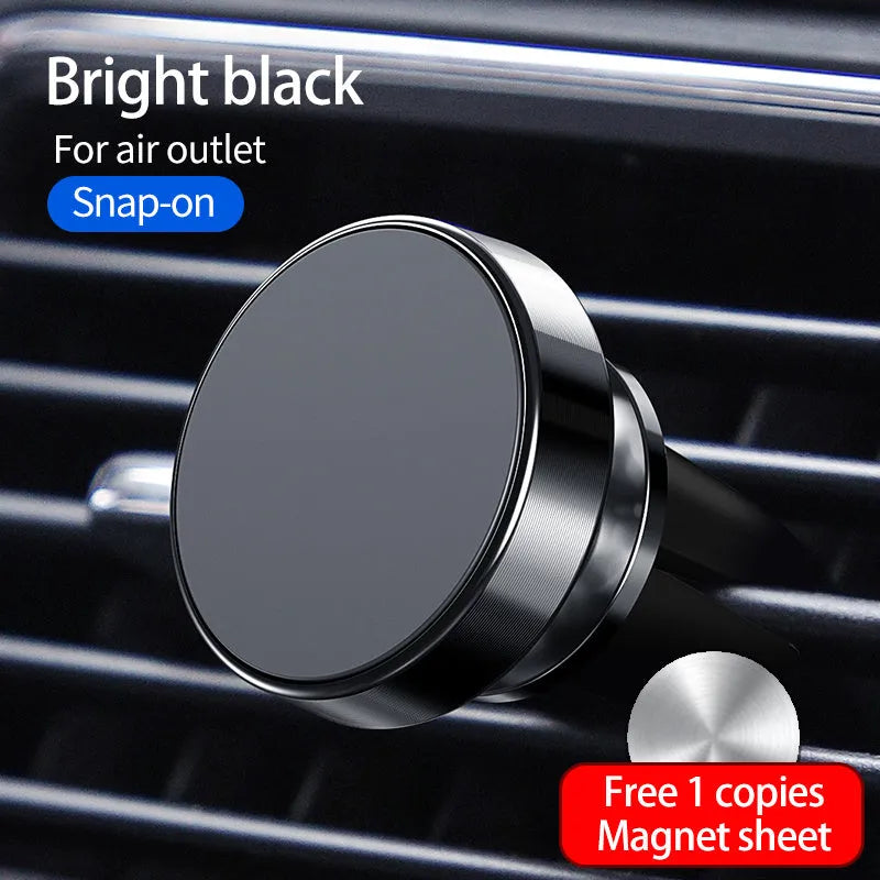 Magnetic car phone holder mounted on dashboard showing smartphone secured with 360-degree rotation adjustment