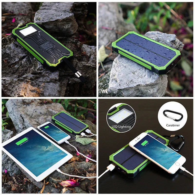 A solar power bank in black, green, orange or yellow, showing solar panel and compact 161x79x17mm size.
