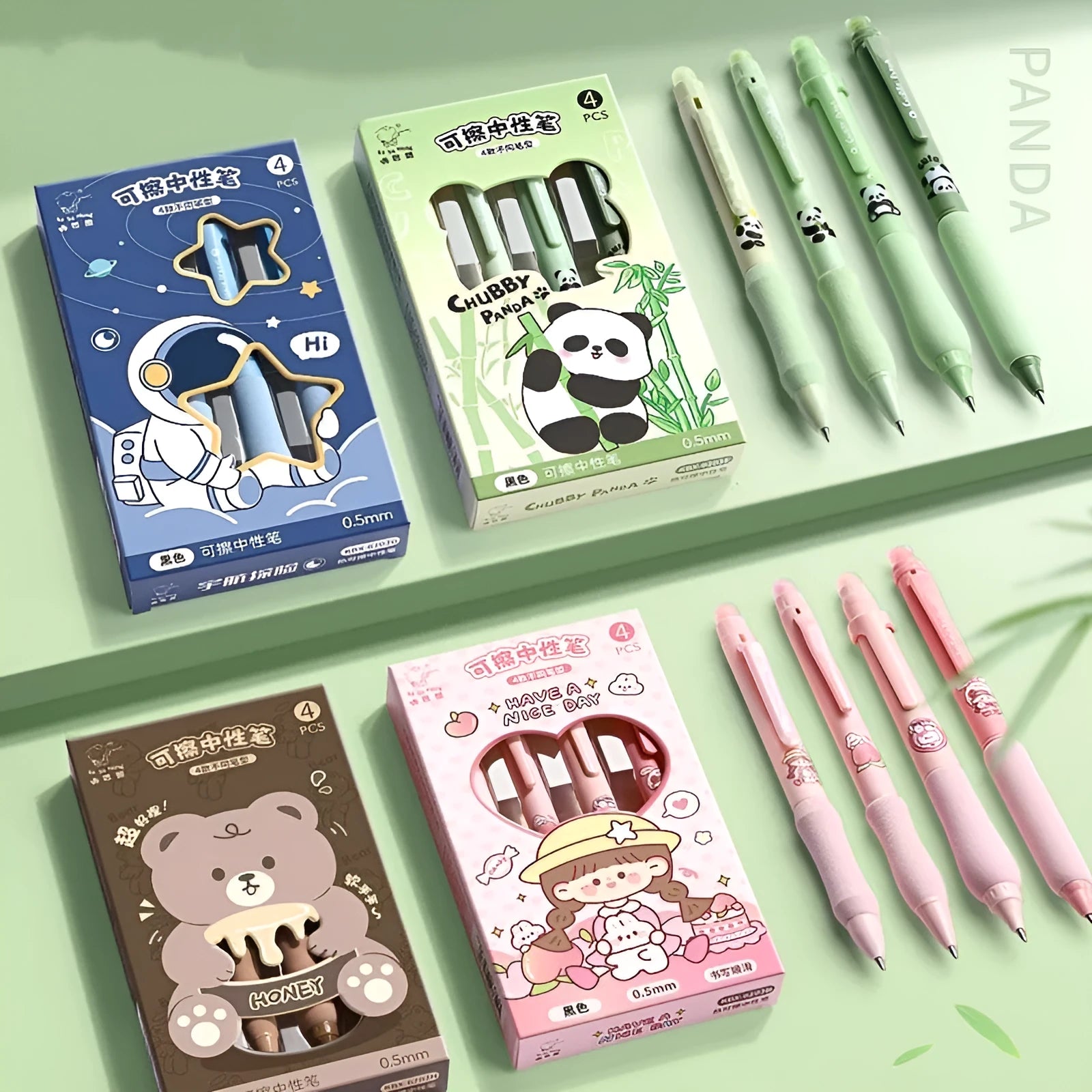 Erasable cartoon press gel pen with retractable 0.5mm tip in various designs