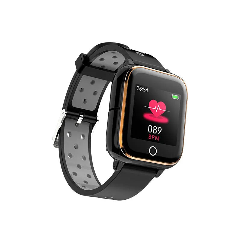 Black smart watch bracelet with integrated Bluetooth earbuds stored in watch case showing 1.4 inch touchscreen