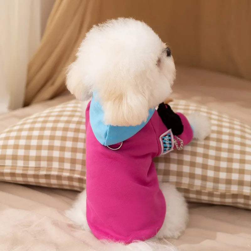 Purple colour-block dog hoodie with drawstring hood, cat plush necklace and belt loops, sizes XS to XL