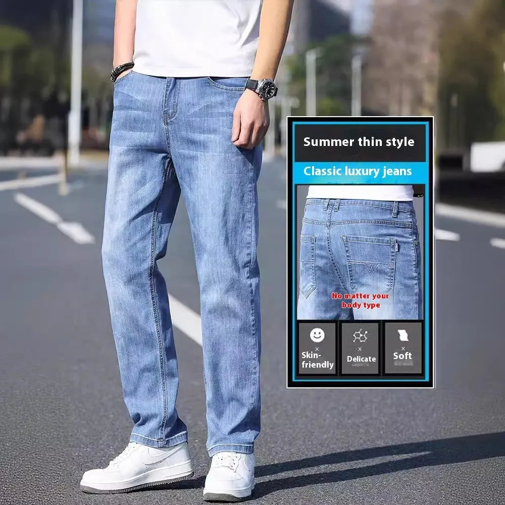 Tapered cotton denim business casual trousers with stretch fabric in light blue, grey, blue-grey and black colours