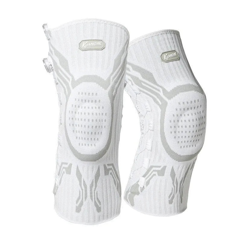 Grey-white sports knee pad shown for left or right foot in M, L, XL sizes for basketball running football
