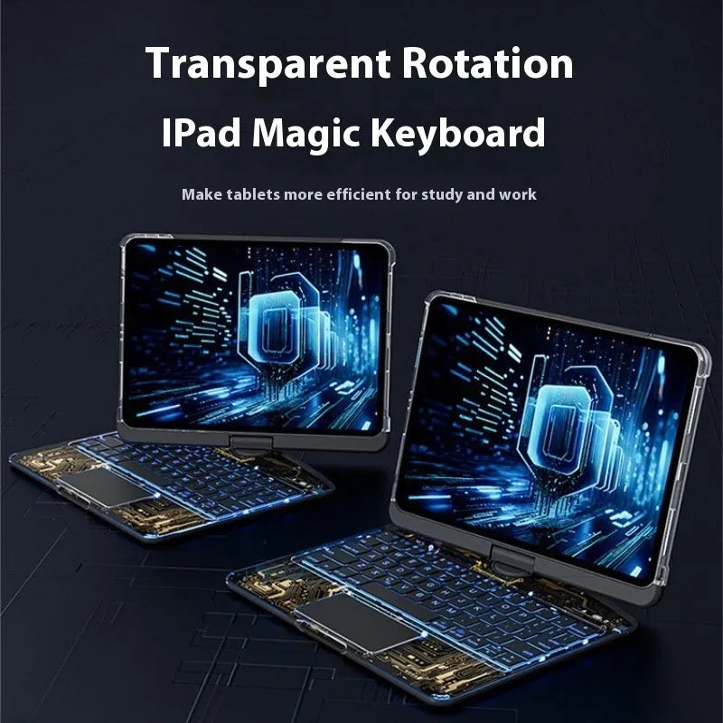 Transparent rotating wireless keyboard case for iPad Air 5 tablet showing 360-degree hinge mechanism
