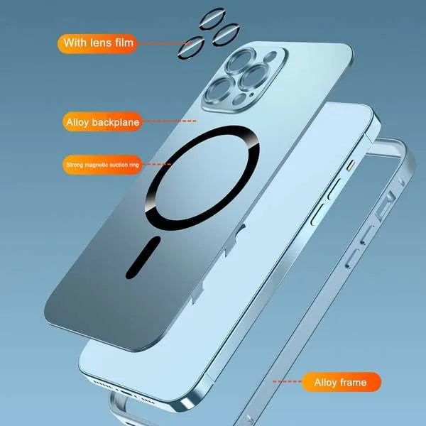 Magnetic iPhone case with aluminium alloy frame in dark purple, blue, silver, black, or gold colour.