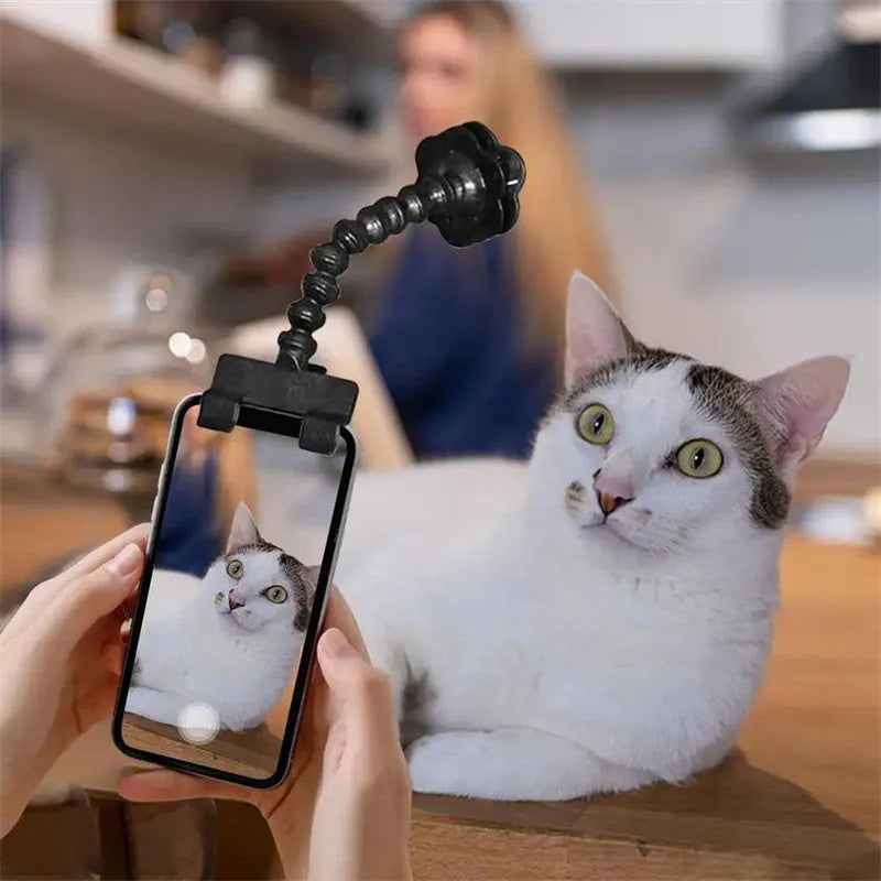 Black plastic pet photography phone holder with clip for dog or cat treats