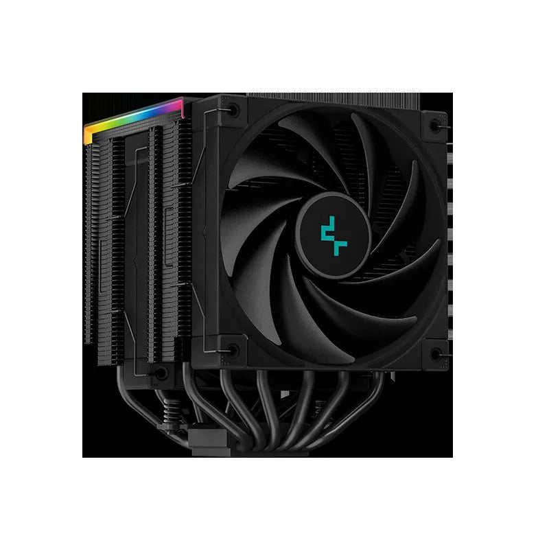 Black tower CPU air cooler with fan and aluminium fins, showing digital display on side.