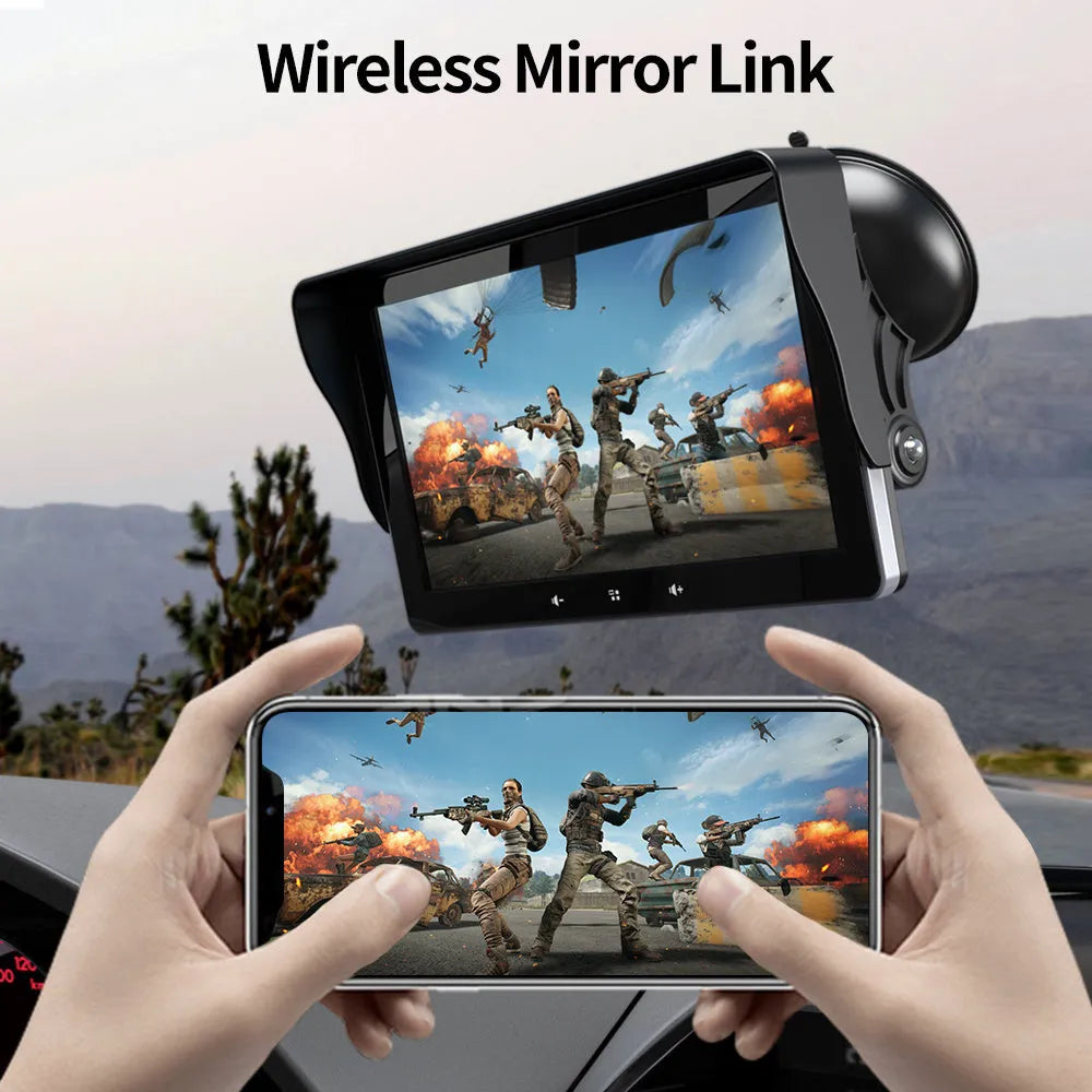7-inch universal wireless CarPlay display for cars with suction cup mount and cigarette lighter cable.