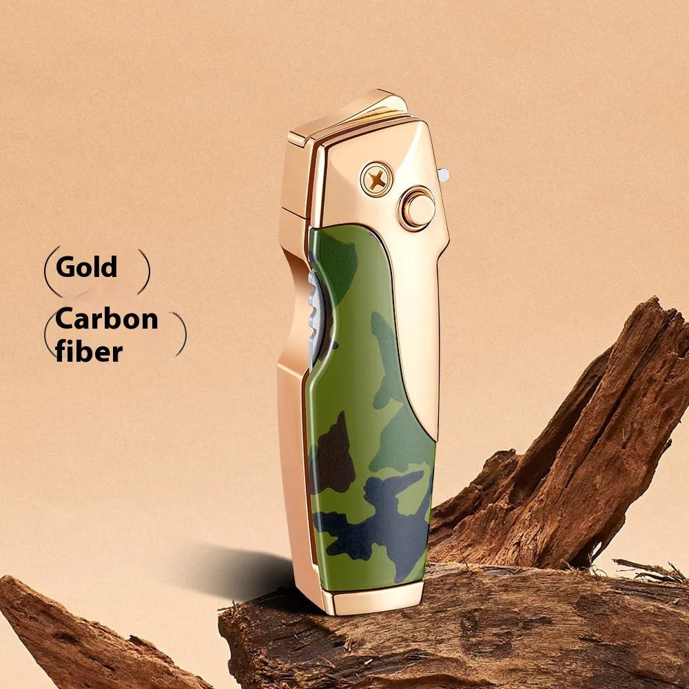 Closed metal folding lighter with integrated knife in a carbon fibre finish, showing the safety lock and refill valve.