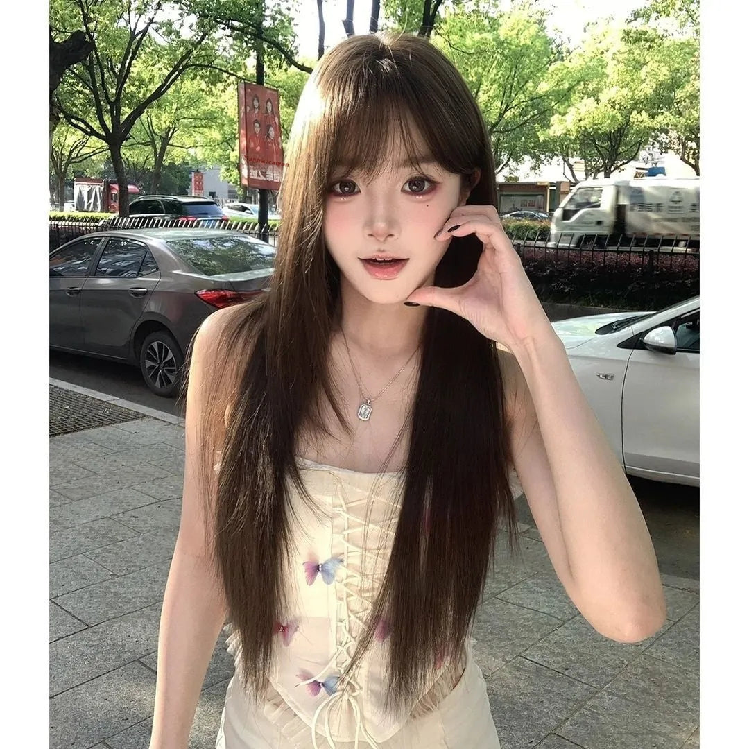 Brown black ladies' synthetic wig with high-temperature fibre hair material and wear-free hair net