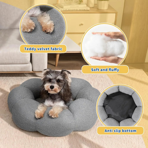 White fluffy flower-shaped pet bed with raised teddy fleece edges and round donut design on a light floor