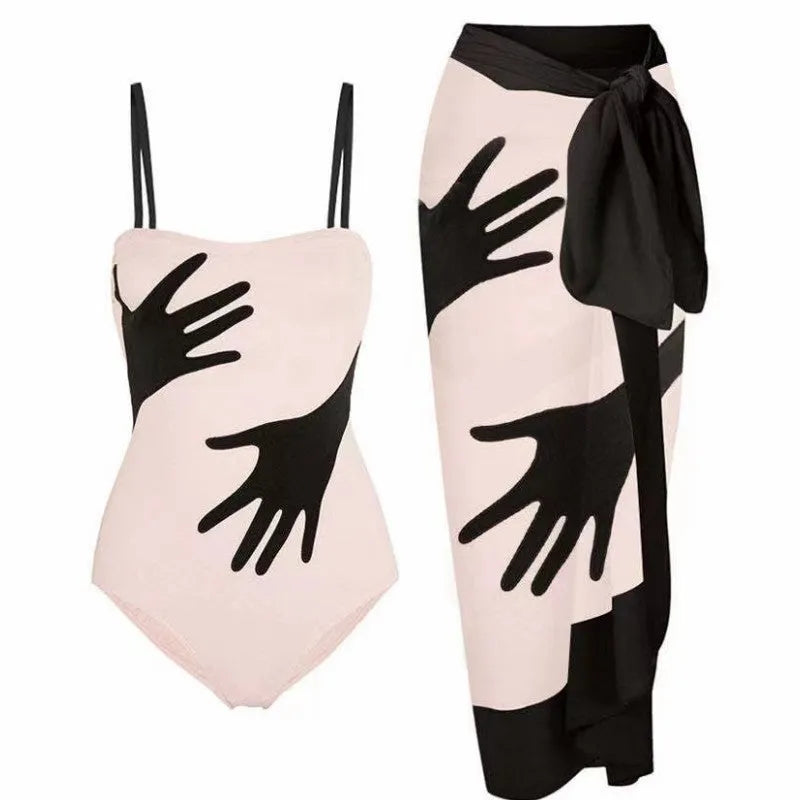 Women's one-piece bikini swimsuit with gauze skirt detail in polyester fabric