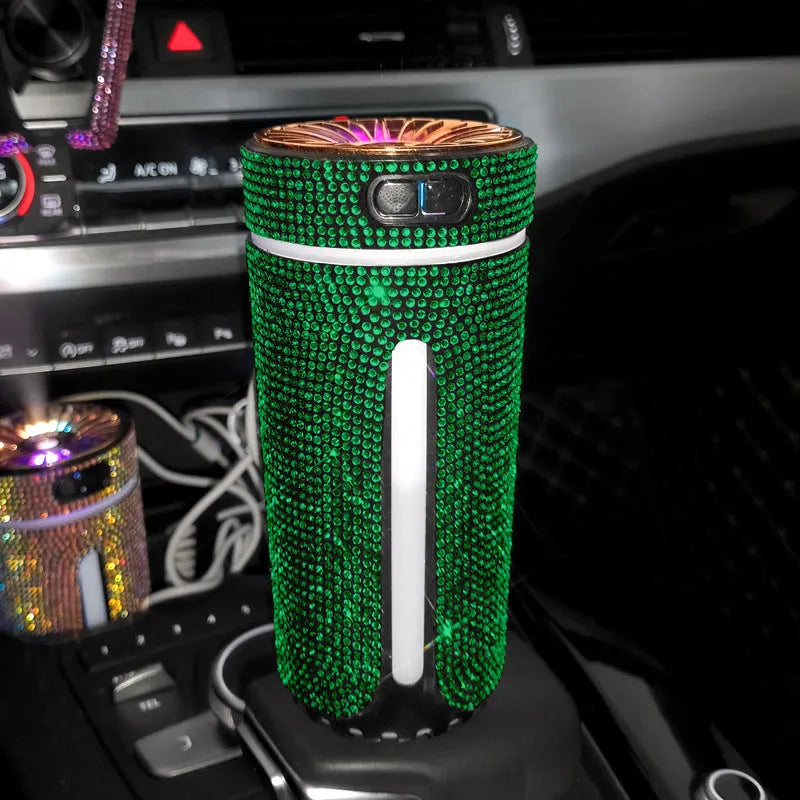 Luxury diamond rhinestone car humidifier with LED light, USB powered, 15x7x7cm, multi-colour options