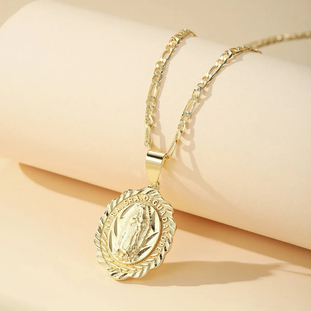Copper electroplated Virgin Mary pendant necklace on adjustable chain, retro religious design