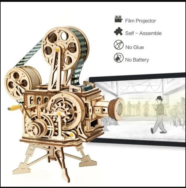Wooden film projector 3D puzzle with hand crank and fully mechanical gear assembly