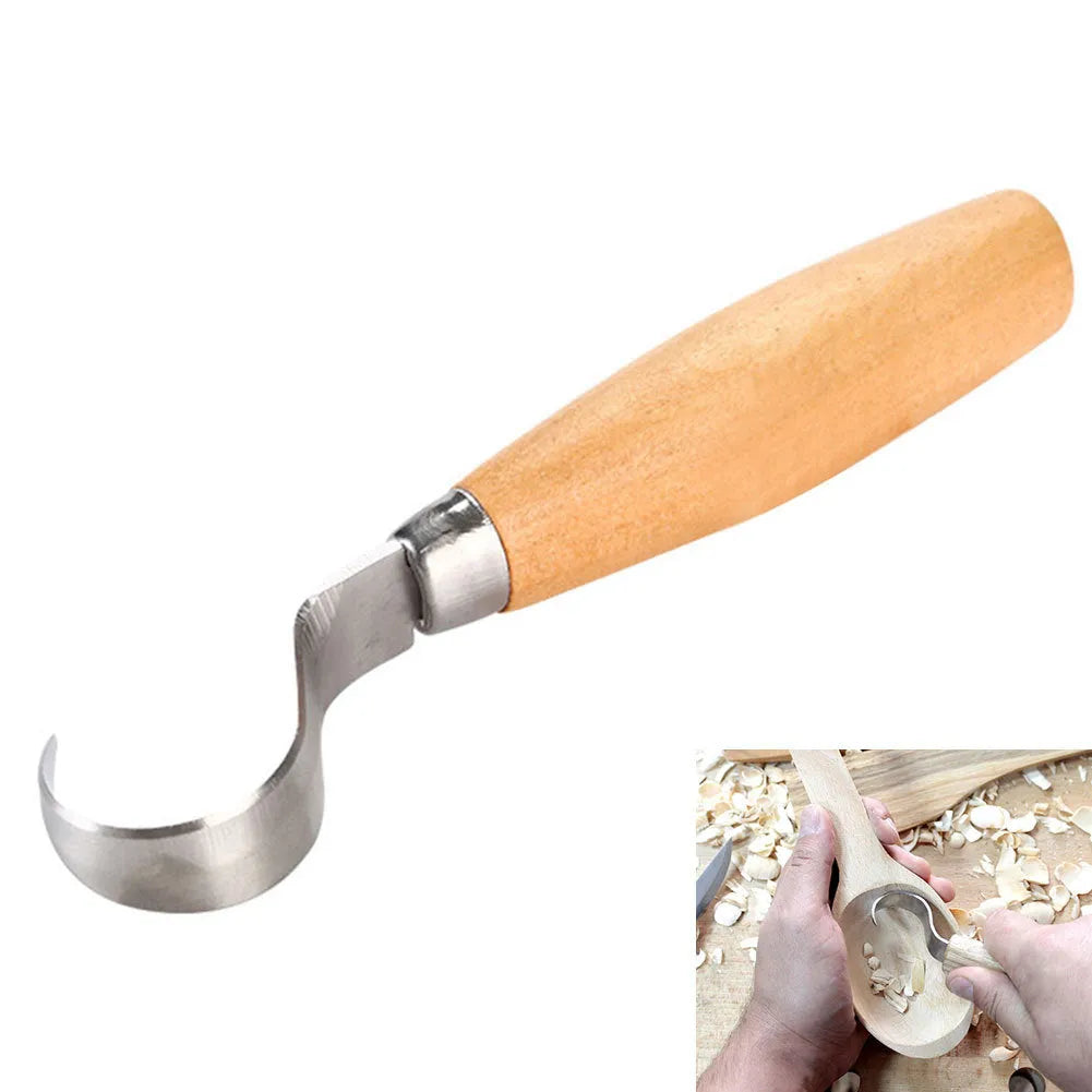 FastCraft curve carving knife with stainless steel blade and wooden handle for woodworking