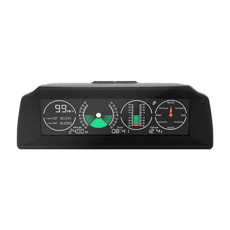 GPS GO 2 Universal Car Heads-Up Display (HUD) monitor with carbon fibre body on a car dashboard.