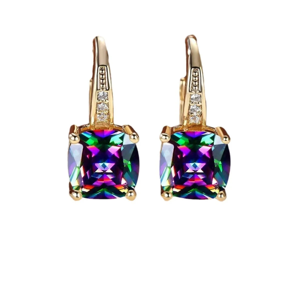 Square copper ear clips with colourful moissanite inlays in gold electroplated finish