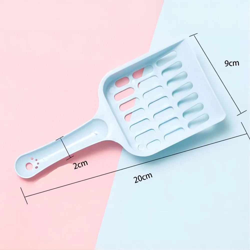 Blue plastic cat litter scoop showing 20cm length and 9cm width for pet tray cleaning