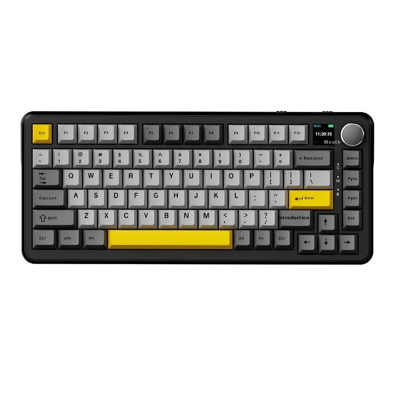 Black, grey and yellow wireless mechanical keyboard with compact 75% layout and switch puller tools