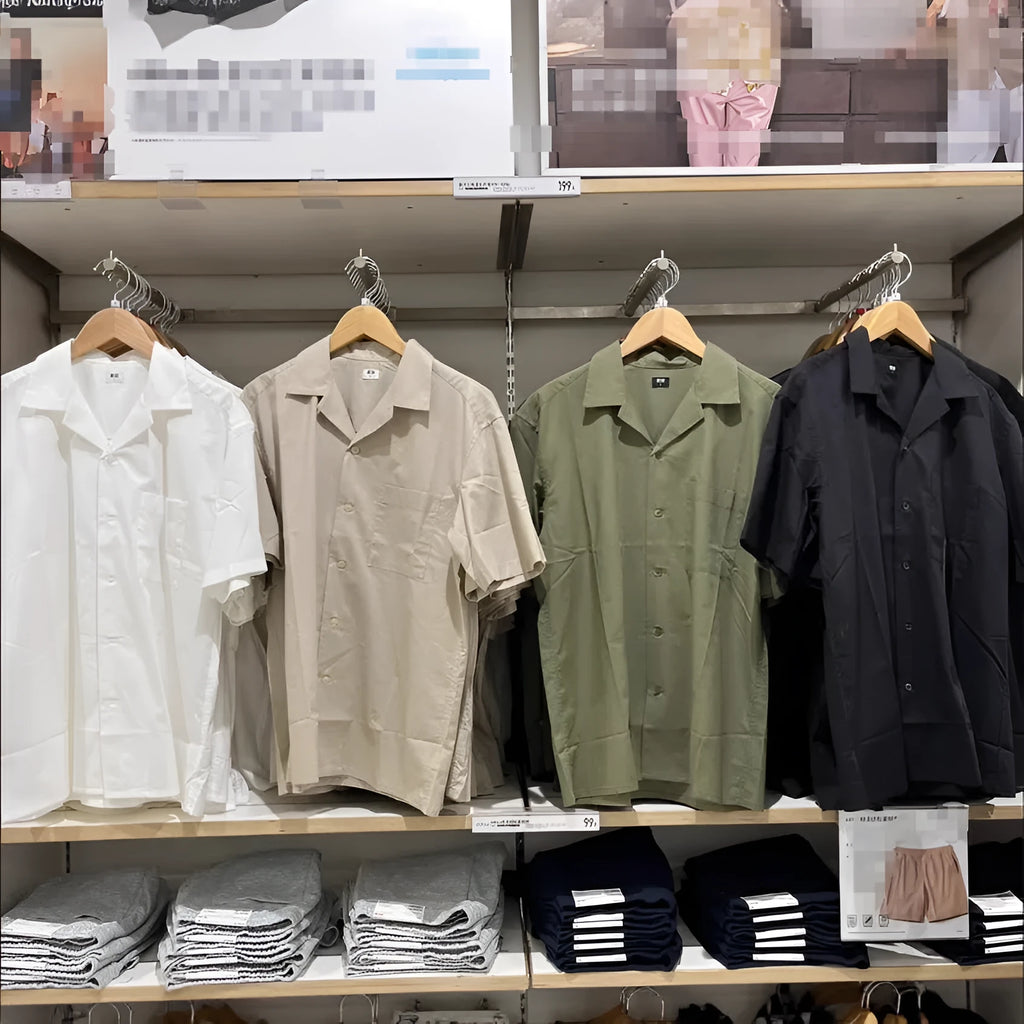 Men's modal cotton open collar shirt in beige, olive, white, and black colours with cardigan style and collage stitching