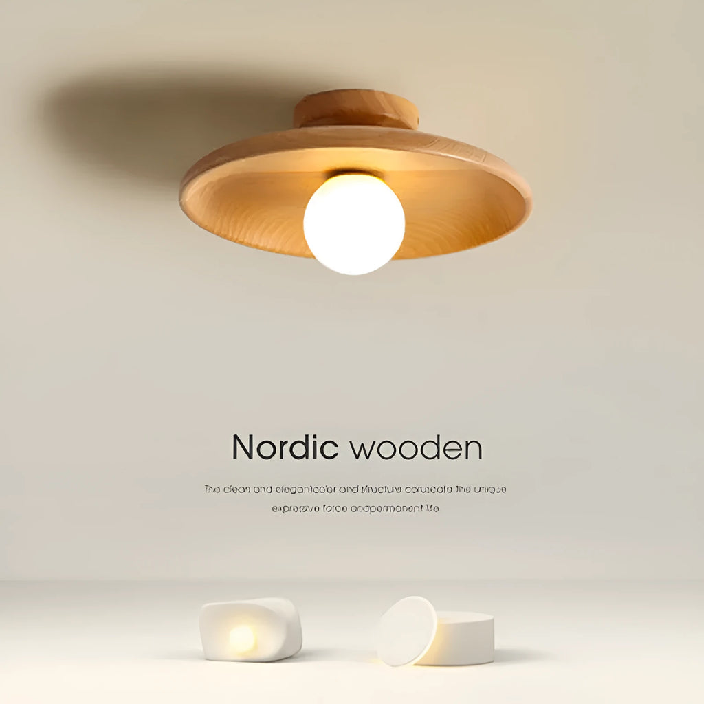 Solid wood modern minimalist ceiling lamp with glass shade in three sizes.