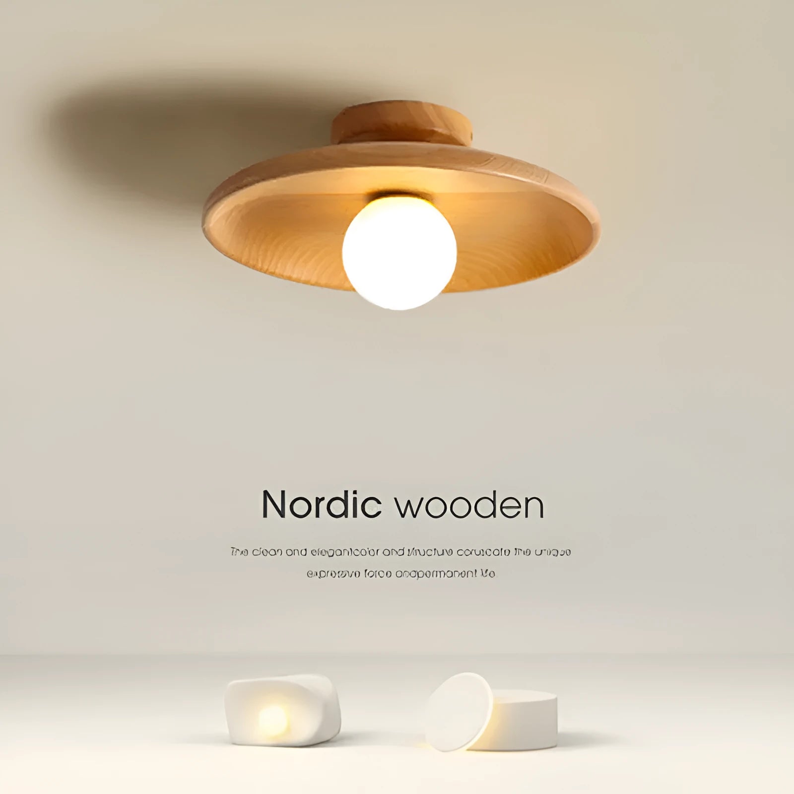 Solid wood modern minimalist ceiling lamp with glass shade in three sizes.