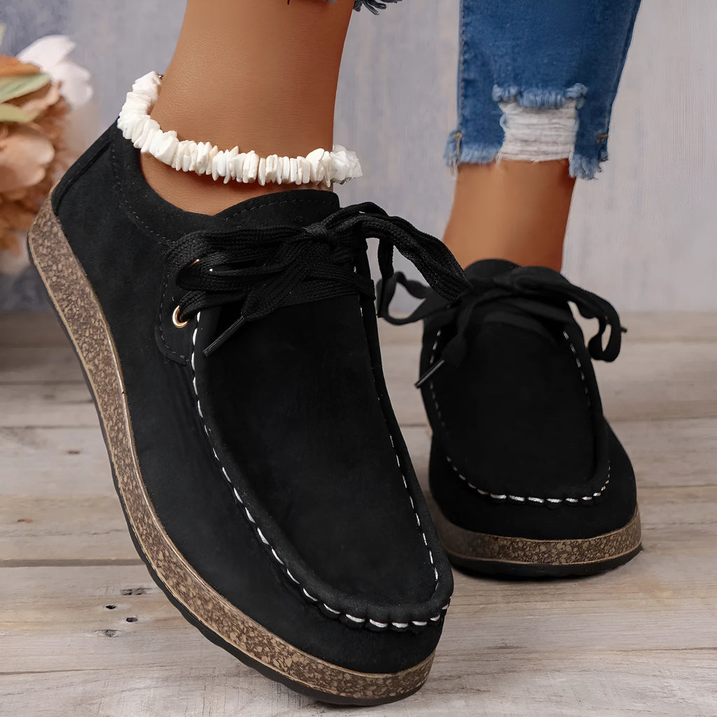 Solid colour black front lace-up round toe women's leisure flat shoes