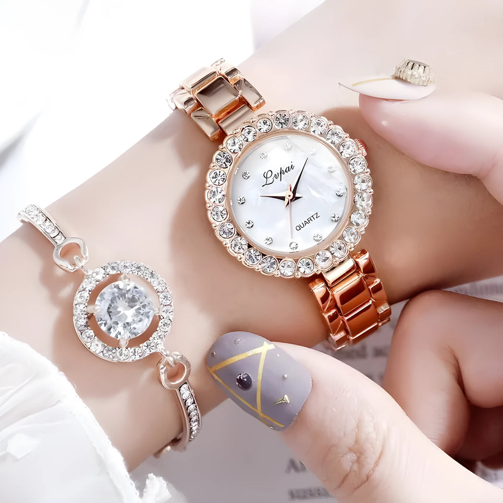 Ladies' alloy quartz watch set with optional bangle bracelet, 29mm case, rose gold or silver, black or white dial