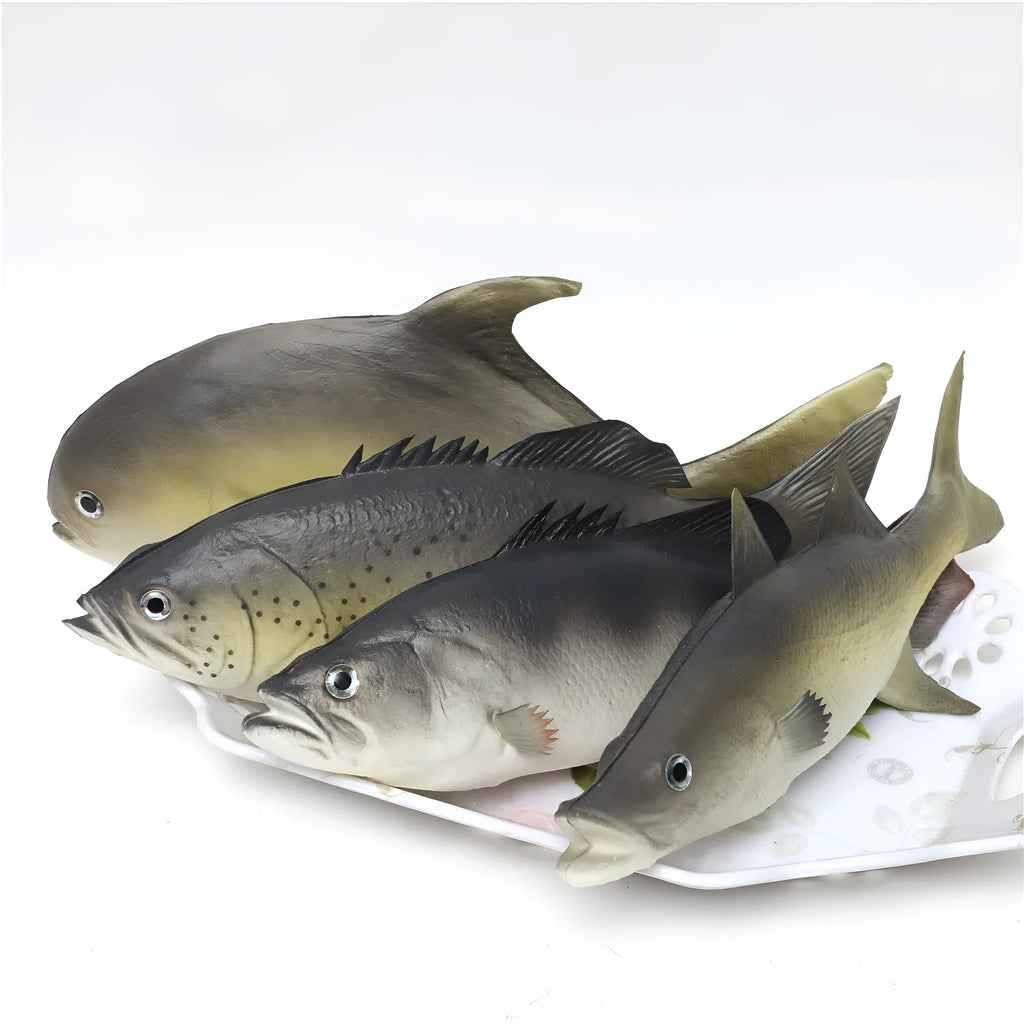 Three PU simulated fish ornaments showing yellow-fin tuna, small tuna, and yellow croaker marine species
