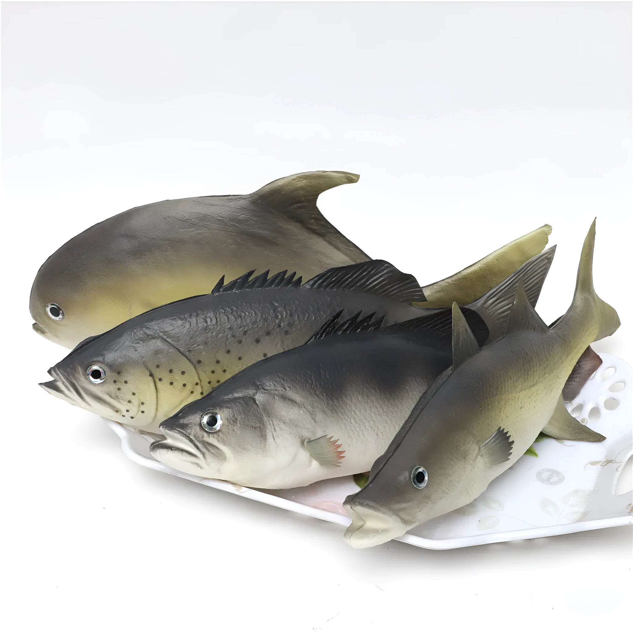 Three PU simulated fish ornaments showing yellow-fin tuna, small tuna, and yellow croaker marine species