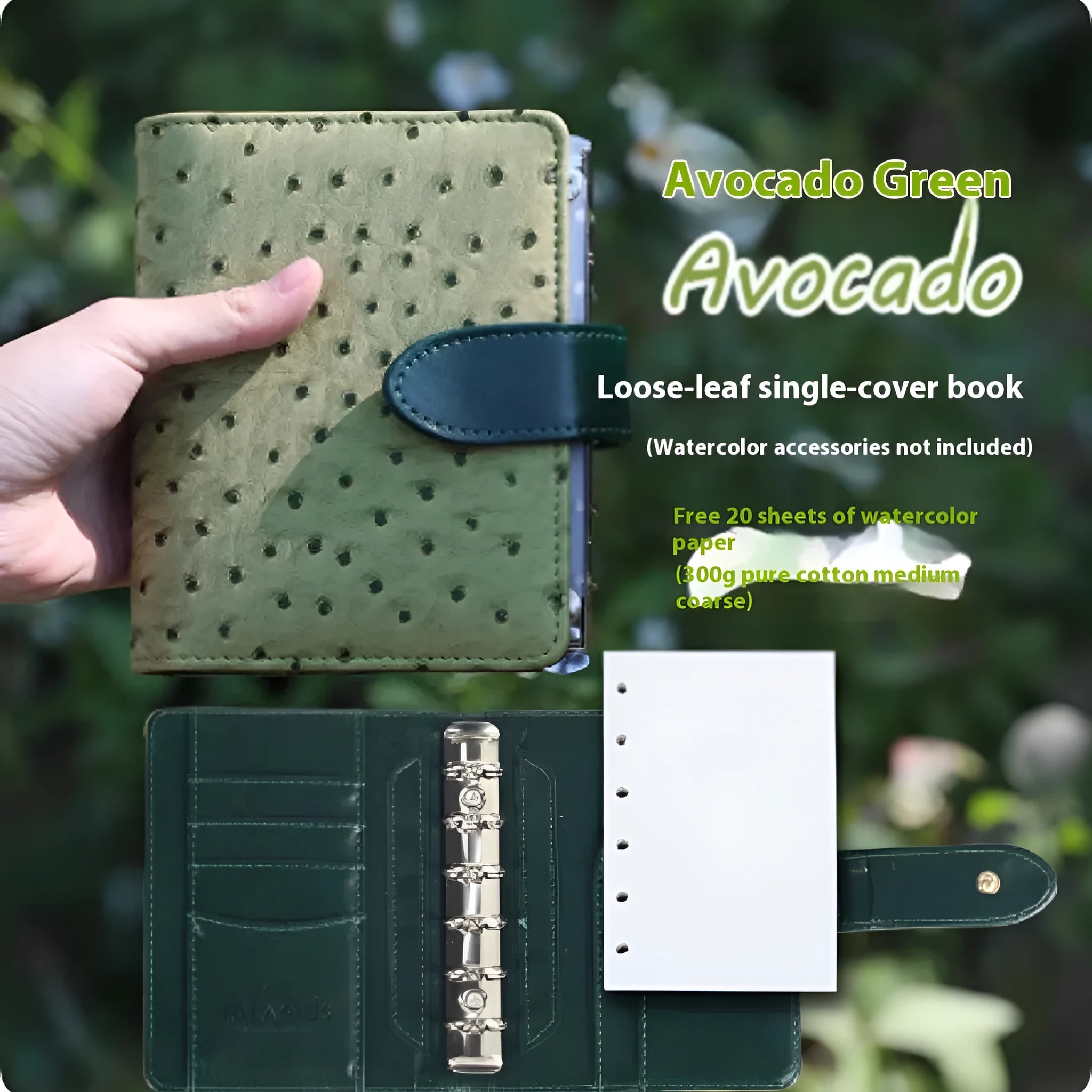 A7 mini loose-leaf watercolour book in avocado green, hazelnut brown, mango pudding, mocha coffee, and rainforest green colour options.