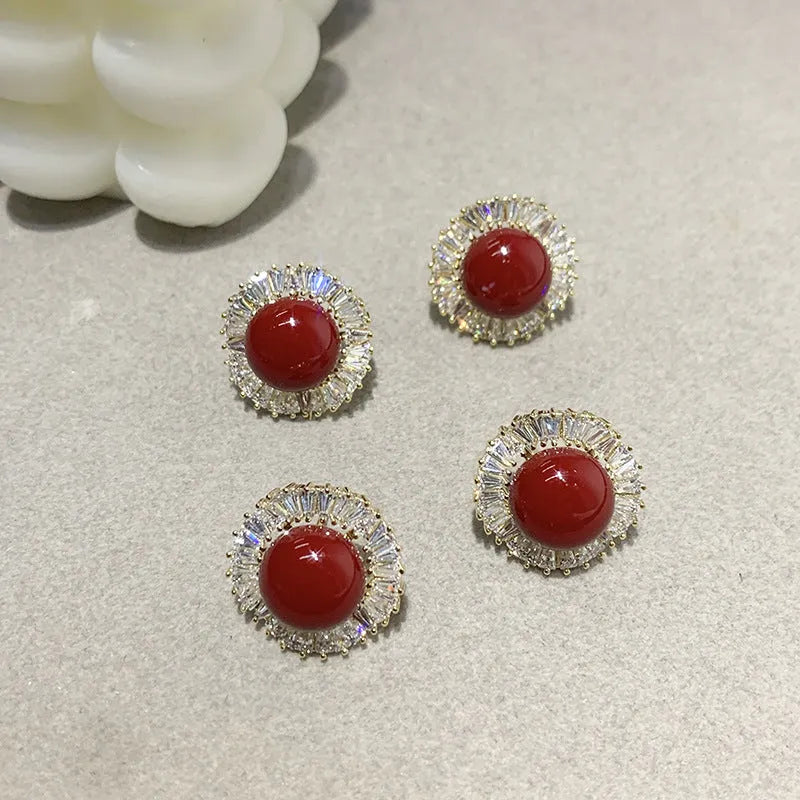 French retro pearl zircon clip-on earrings with silver tone finish and 2 cm diameter