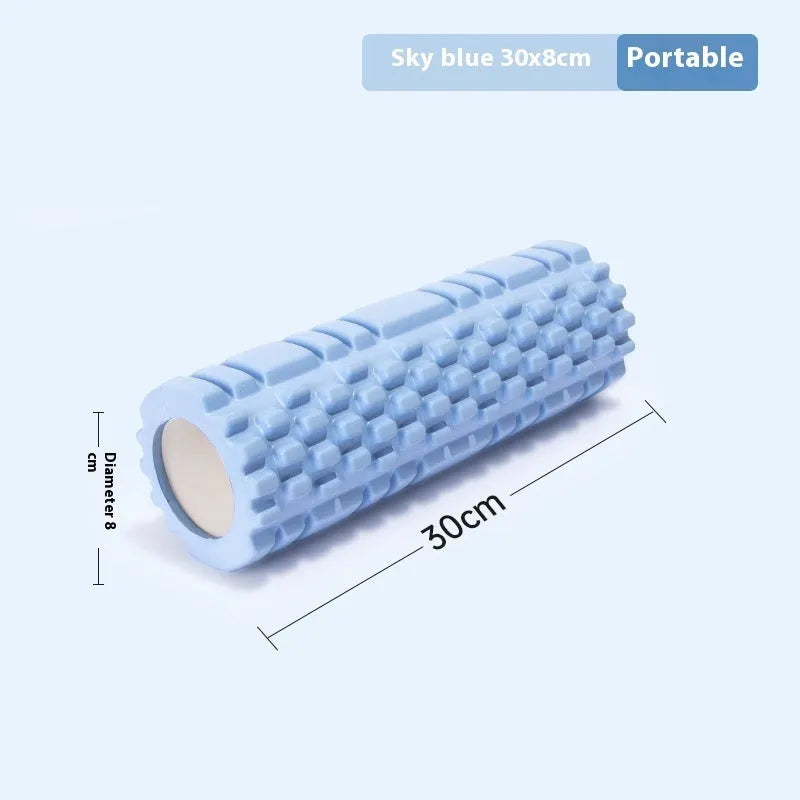 EVA foam roller in assorted colours showing different diameter sizes for fitness recovery.