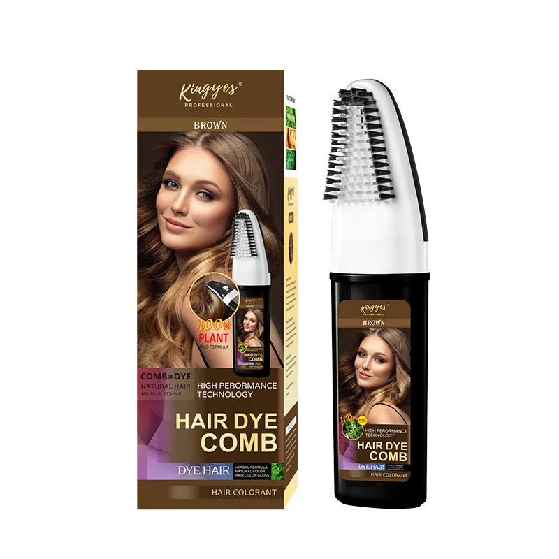 Hair dye kit with comb applicator in Brown, Dark Brown, and Wine Red 200ML bottles.