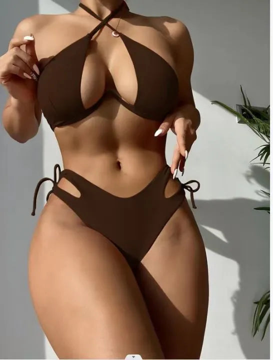 Women's halter neck bikini swimsuit in black blue or brown solid colours with briefs style