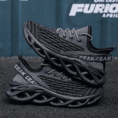 Blade mesh sports and leisure running shoes in solid colour, low-top with round toe and lace-up fastening