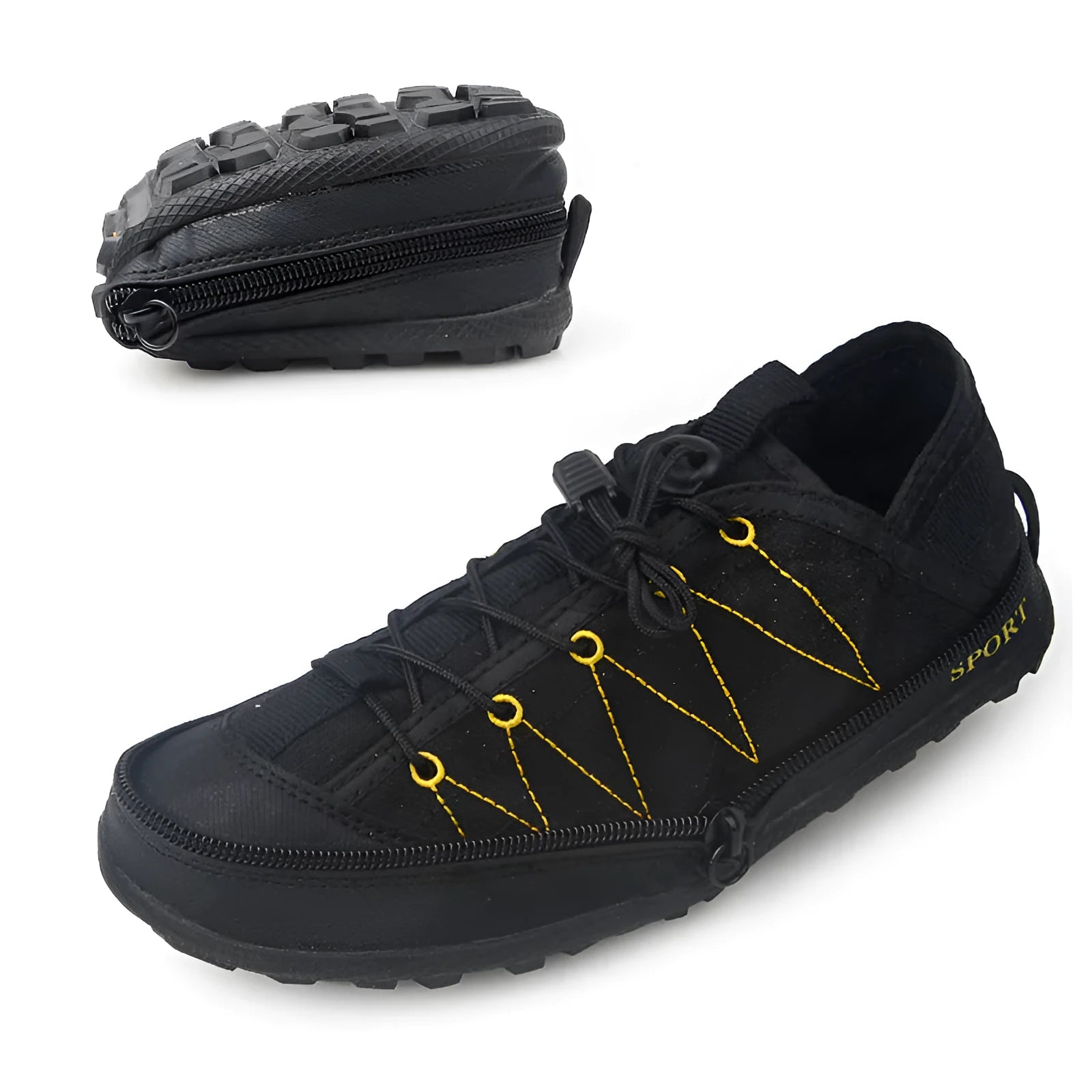 Orange folding outdoor hiking shoe with mesh upper and side zip closure laid flat.