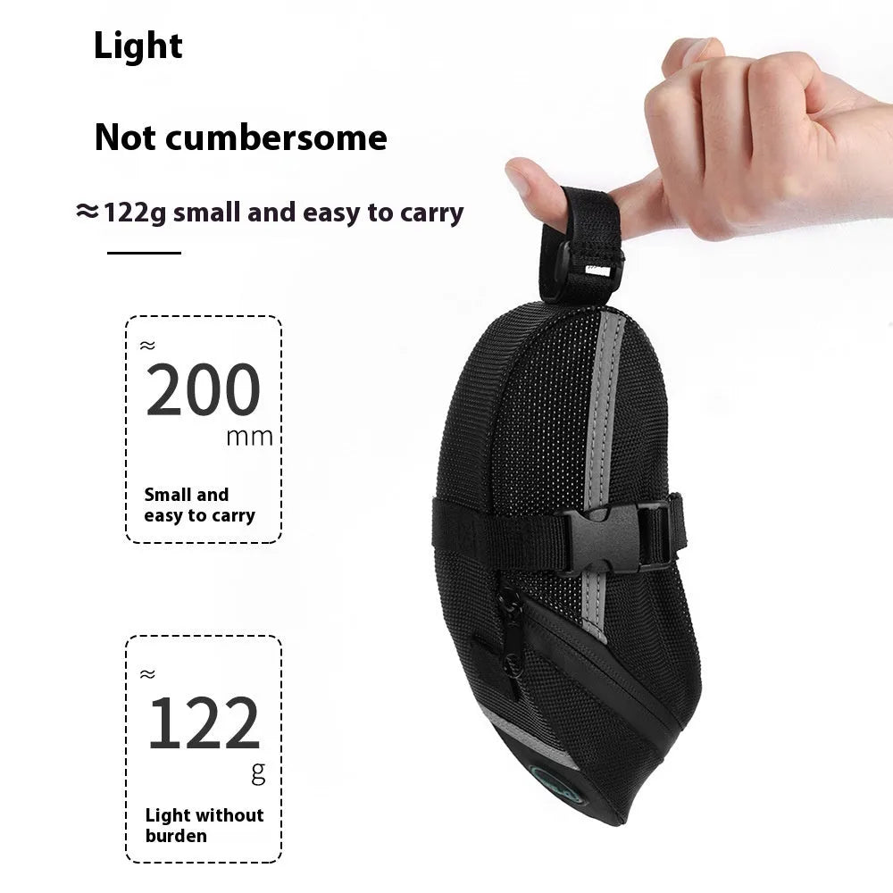 Black quick release bicycle saddle bag mounted under bike seat with tool capacity dimensions 20x8x6cm